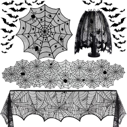 5Pack Halloween Decorations Indoor Halloween Decor Black Lace Table Runner Fireplace Mantel Scarf Round Tablecloth Cobweb Lampshade with 32 Pcs 3D Bat Wall Stickers