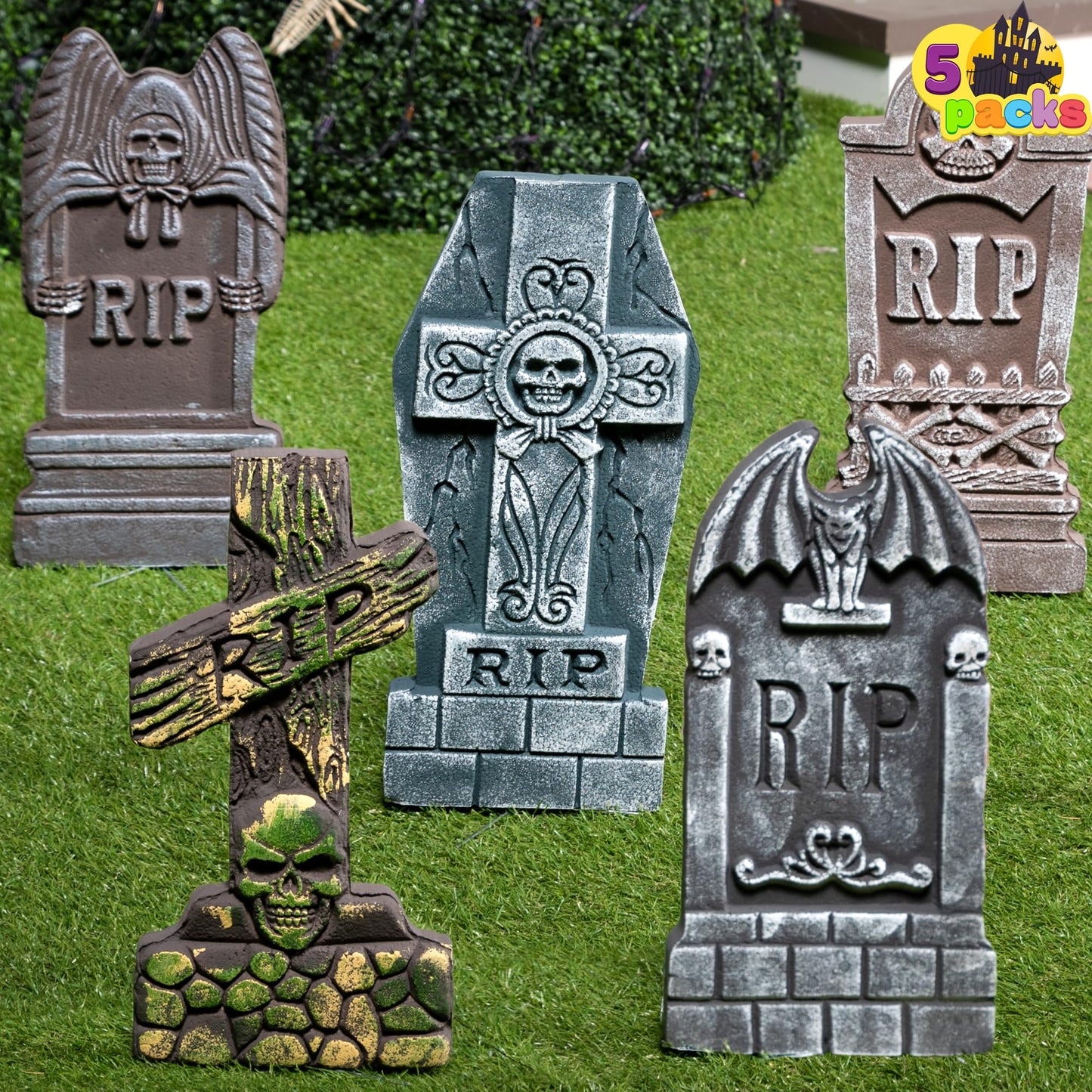 JOYIN 17” Halloween Foam RIP Graveyard Tombstones (5 Pack), Halloween Tombstones Decorations Outdoor for Graves with 12 Metal Stakes for Cemetery Yard Lawn Party Decor