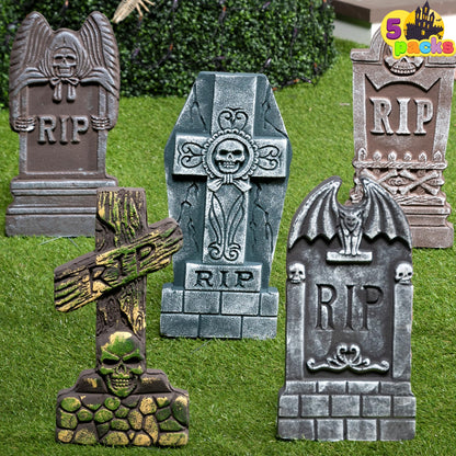 JOYIN 17” Halloween Foam RIP Graveyard Tombstones (5 Pack), Halloween Tombstones Decorations Outdoor for Graves with 12 Metal Stakes for Cemetery Yard Lawn Party Decor