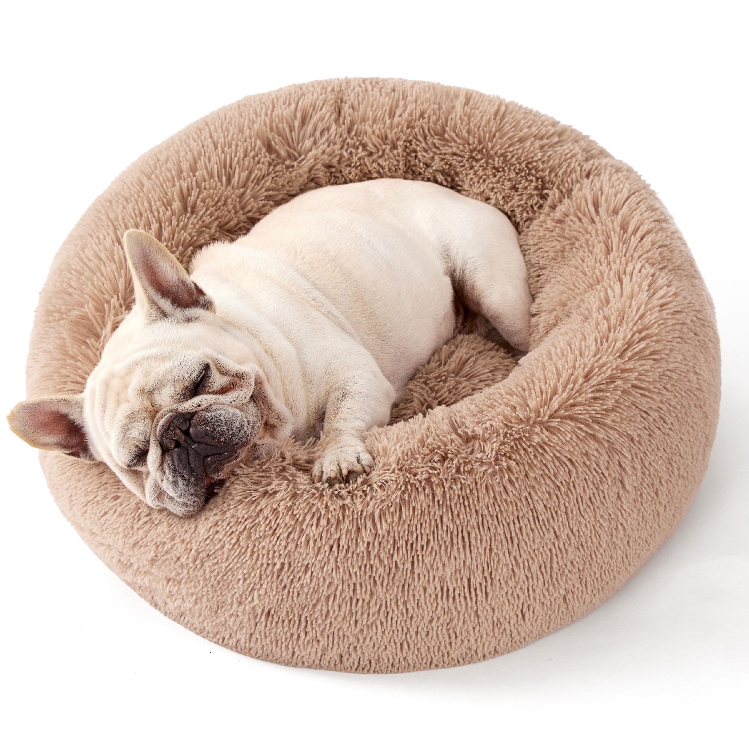 Bedsure Calming Dog Bed for Small Dogs - Donut Washable Small Pet Bed, 23 inches Anti-Slip Round Fluffy Plush Faux Fur Large Cat Bed, Fits up to 25 lbs Pets, Camel