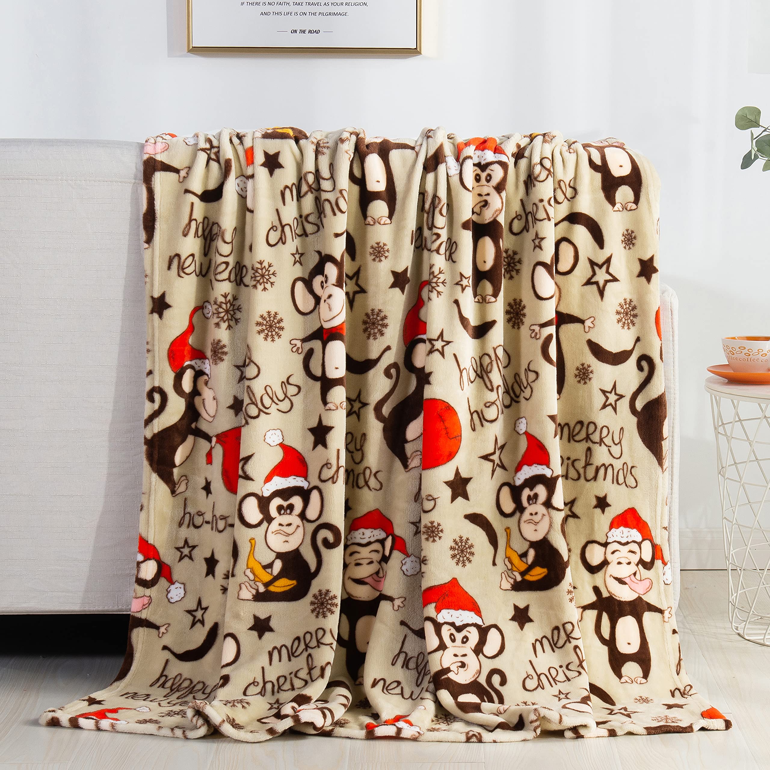 Elegant Comfort Luxury Velvet Super Soft Christmas Prints Fleece Blanket-Holiday Theme Home Décor Fuzzy Warm and Cozy Throws for Winter Bedding, Couch and Gift, 50 x 60 inch, Burgundy Reindeer