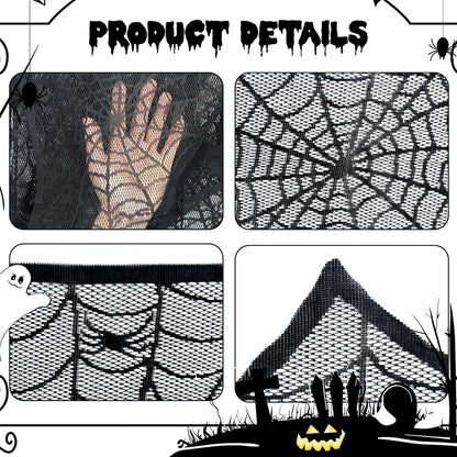 Halloween Mantel Scarf Black Lace Spiderweb for Fireplace Decor Halloween Decorations Indoor Fireplace Scarf(18 x 96 inch)(Black)