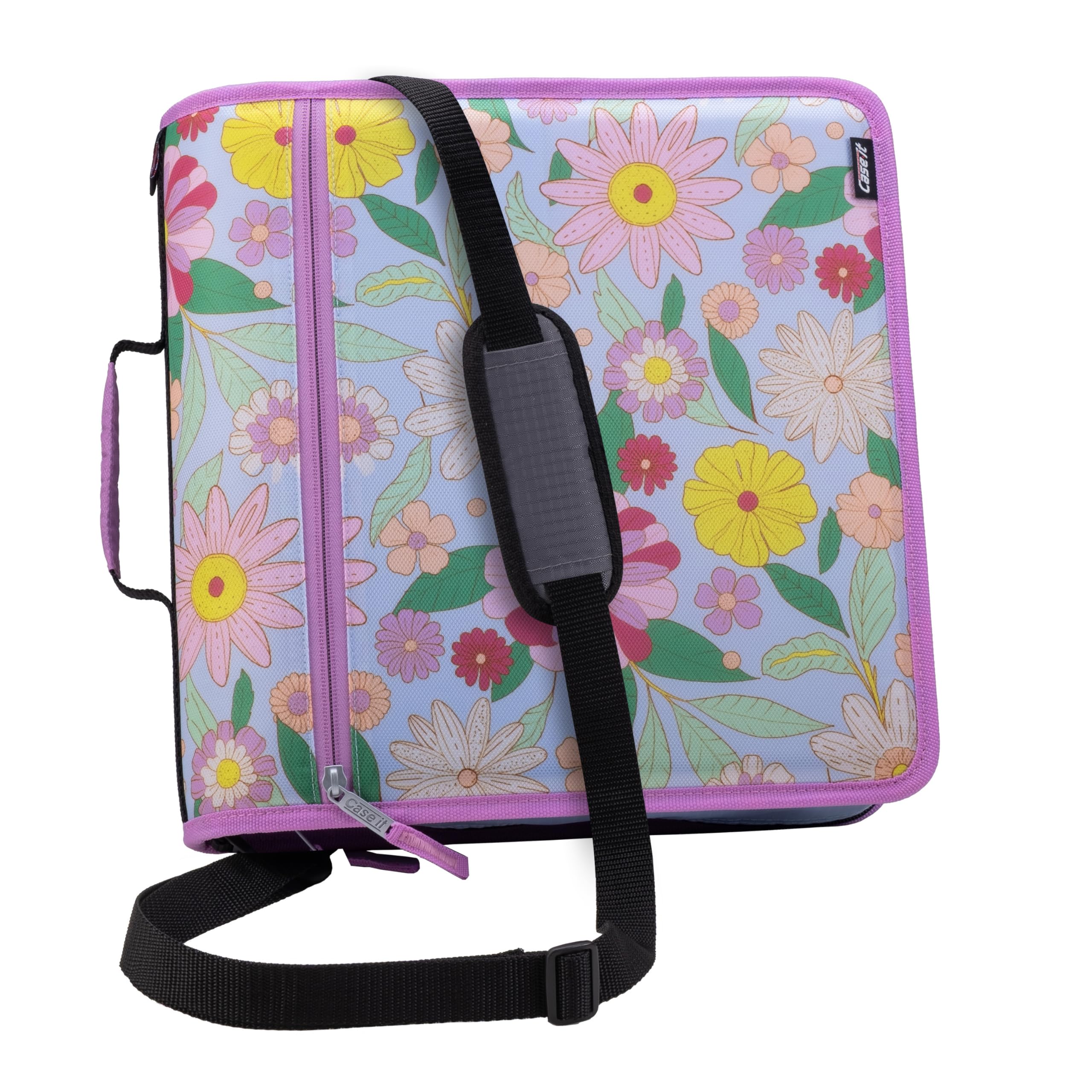 Case-it Mighty Zip Tab School Zipper Binder | 3-Inch O-Rings, 600-Sheet Capacity, 5-Subject Expanding File Folder, Multiple Pockets & Storage Organizer, Shoulder Strap | D-146 Fun Flowers