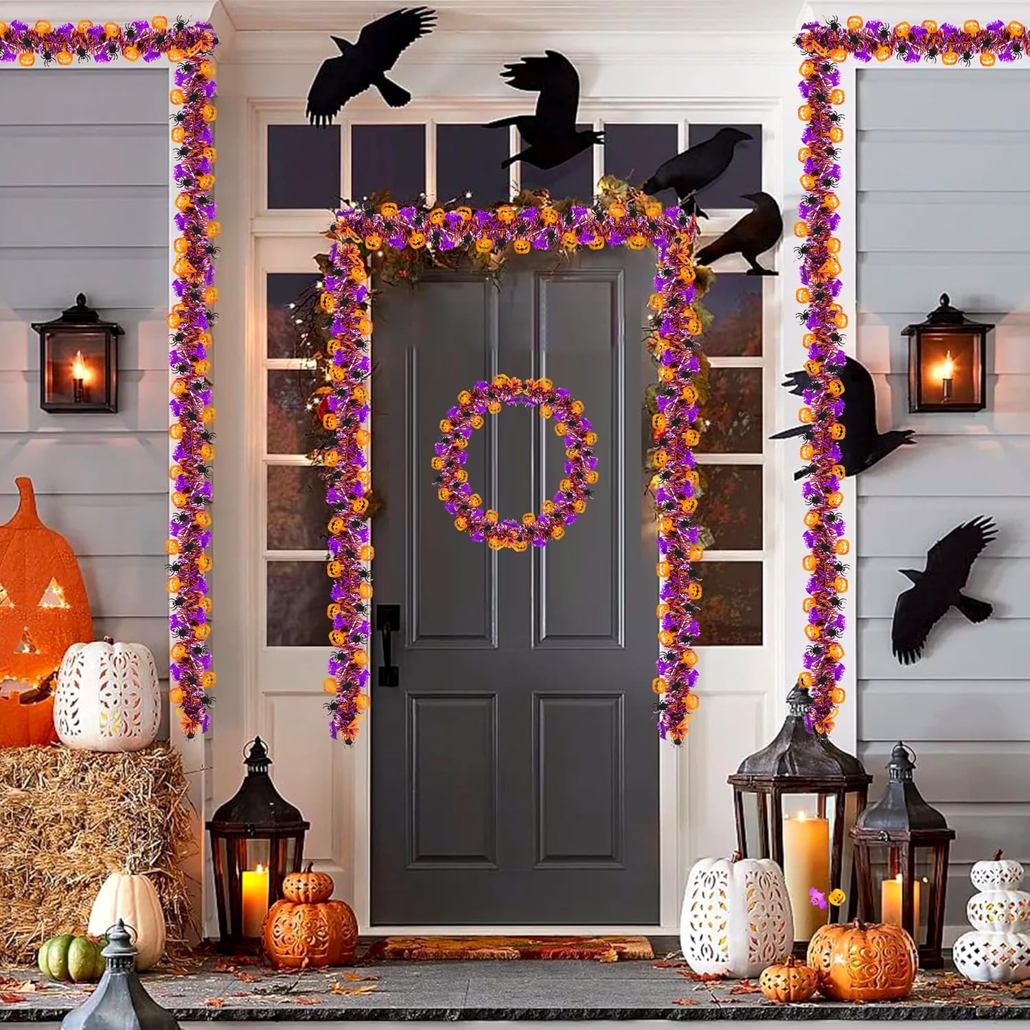 33FT Spooky Halloween Tinsel Garland with Pumpkin Bat Spider Ornament, Shiny Metallic Twist Garland Outdoor Indoor Halloween Decorations for Home Table Office Classroom Fireplace Party Decor