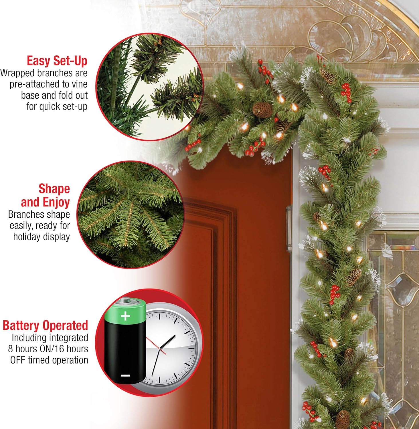National Tree Company 9 ft Pre-Lit Crestwood Spruce Artificial Christmas Garland, Christmas Decoration with Glitter, Pinecones, Red Berries, 50 Warm White LED Lights, 180 Tips, Timer, Green