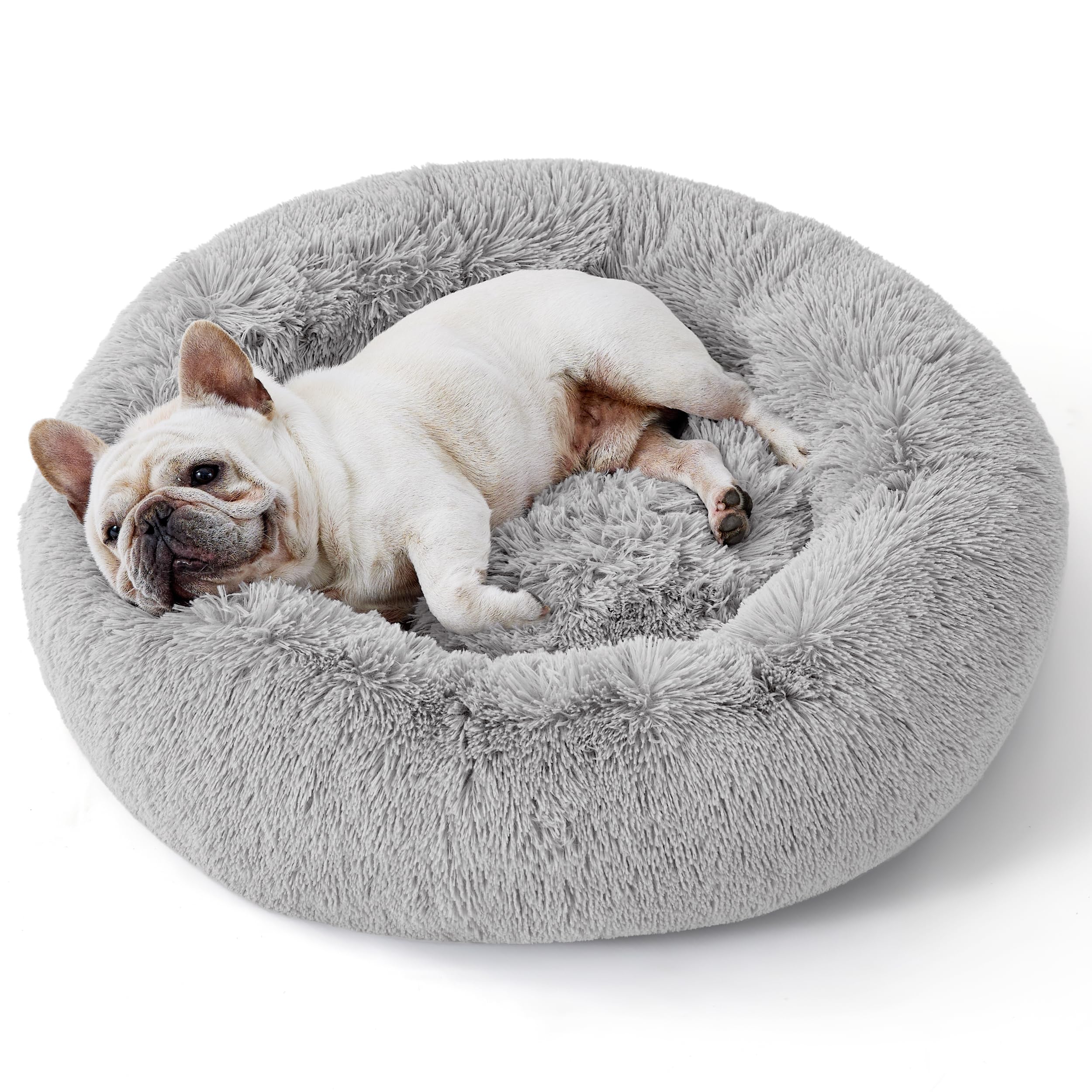 Bedsure Calming Dog Bed for Small Dogs - Donut Washable Small Pet Bed, 23 inches Anti-Slip Round Fluffy Plush Faux Fur Large Cat Bed, Fits up to 25 lbs Pets, Camel