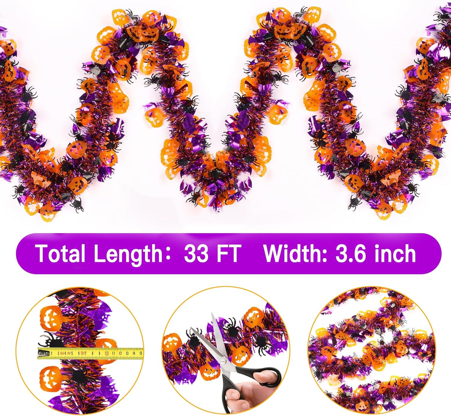 33FT Spooky Halloween Tinsel Garland with Pumpkin Bat Spider Ornament, Shiny Metallic Twist Garland Outdoor Indoor Halloween Decorations for Home Table Office Classroom Fireplace Party Decor