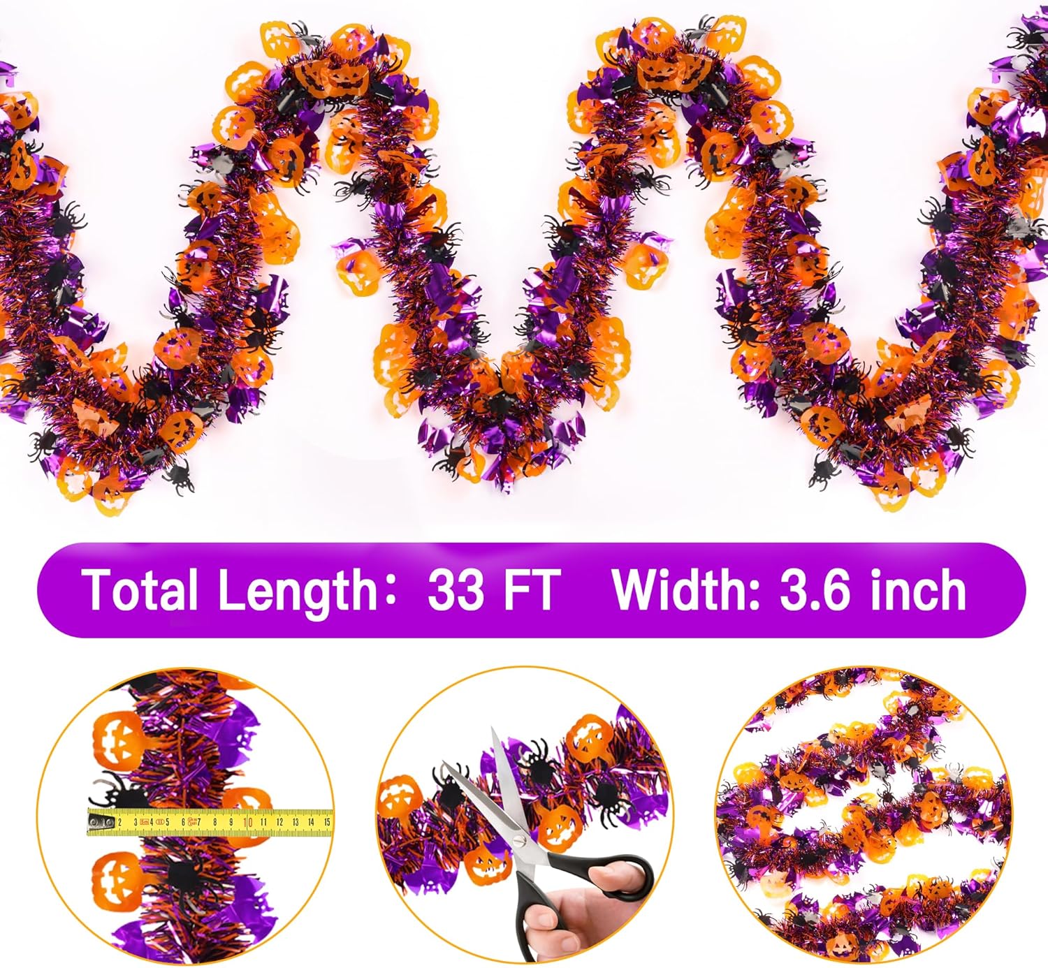 33FT Spooky Halloween Tinsel Garland with Pumpkin Bat Spider Ornament, Shiny Metallic Twist Garland Outdoor Indoor Halloween Decorations for Home Table Office Classroom Fireplace Party Decor