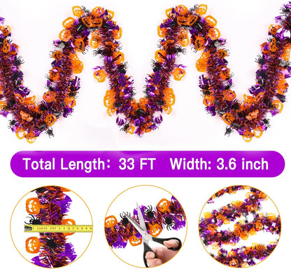 33FT Spooky Halloween Tinsel Garland with Pumpkin Bat Spider Ornament, Shiny Metallic Twist Garland Outdoor Indoor Halloween Decorations for Home Table Office Classroom Fireplace Party Decor