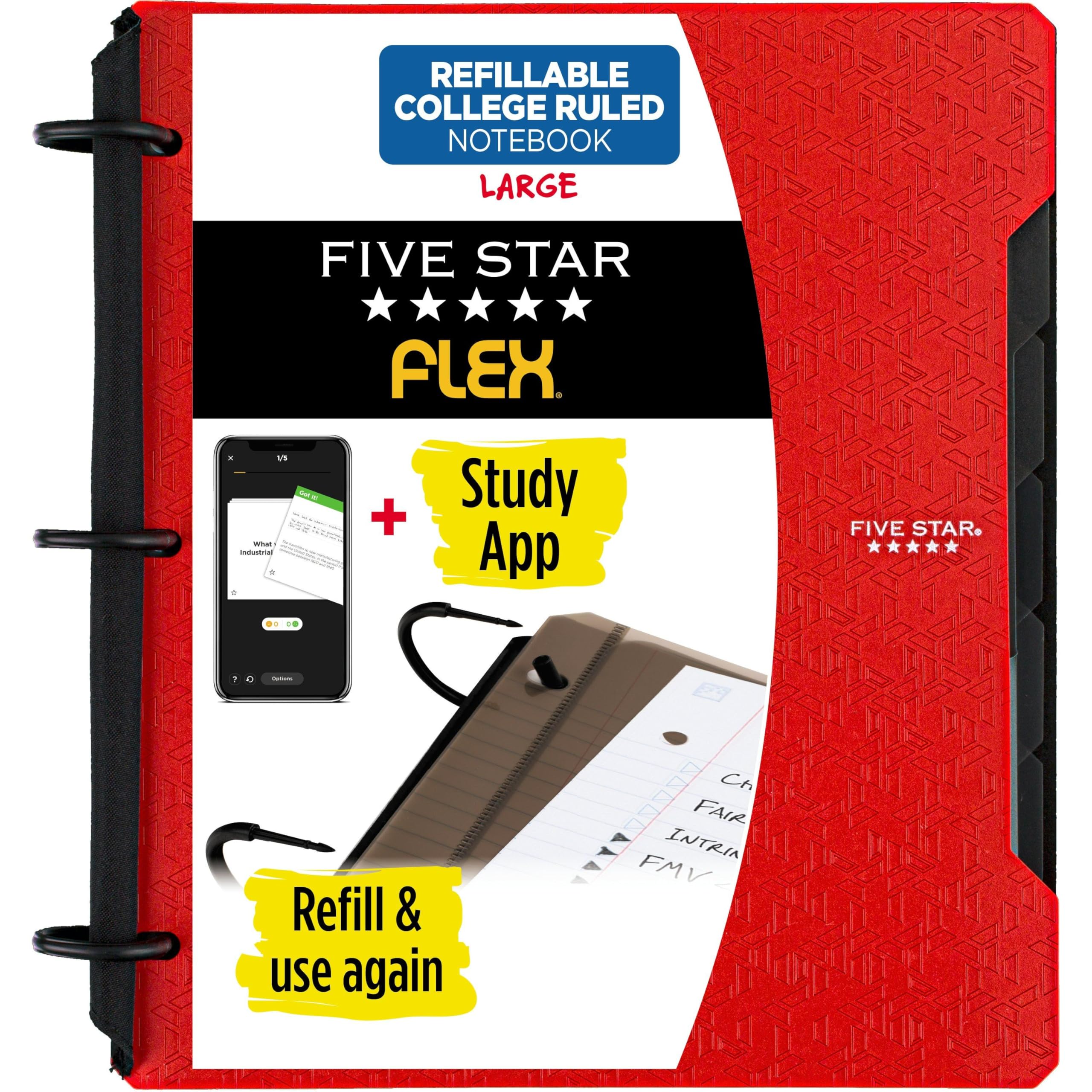 Five Star Flex Refillable Notebook + Study App, College Ruled Paper and 1 Inch TechLock Ring Binder with Pockets, Tabs and Dividers, 200 Sheet Capacity, Black (29328AA2)