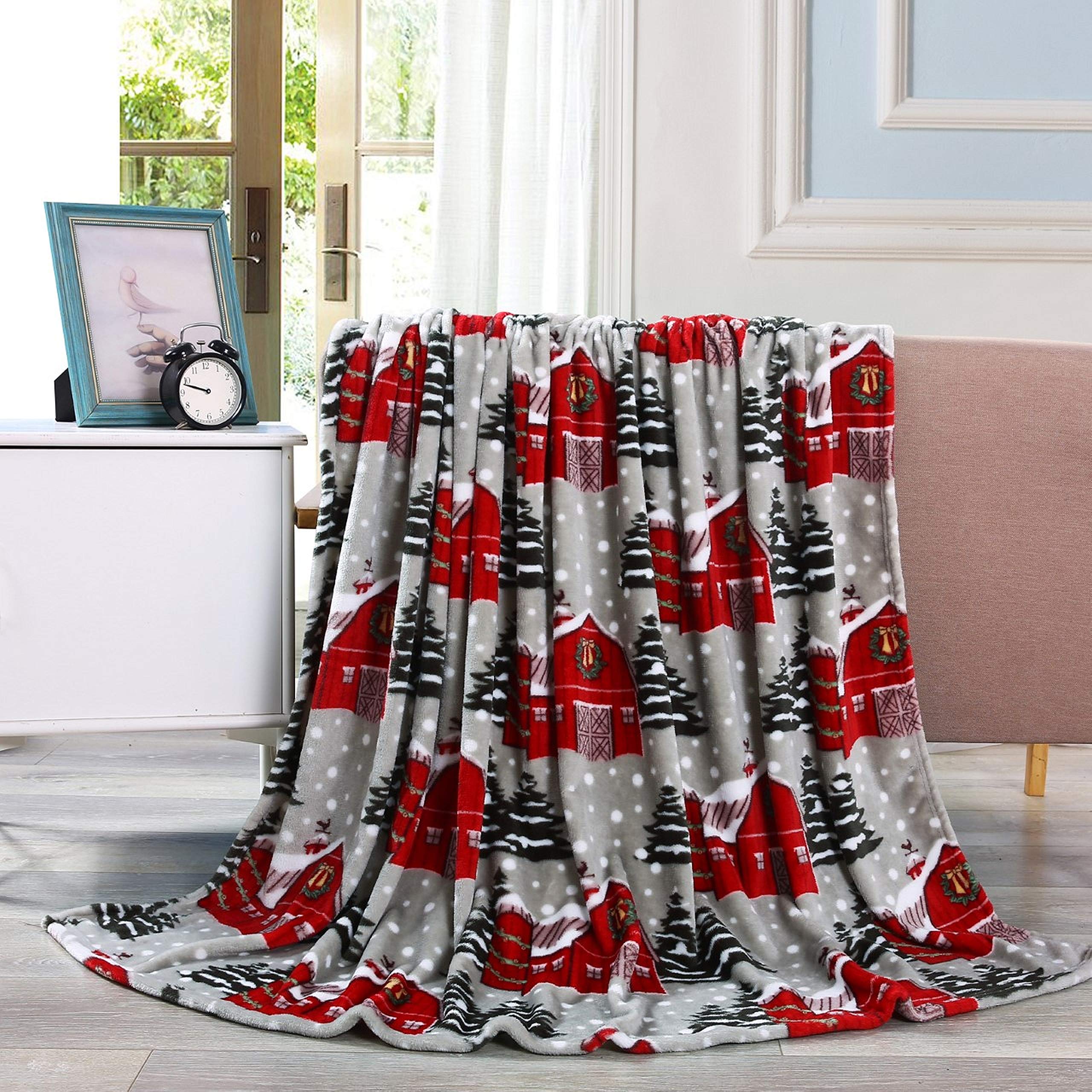 Elegant Comfort Luxury Velvet Super Soft Christmas Prints Fleece Blanket-Holiday Theme Home Décor Fuzzy Warm and Cozy Throws for Winter Bedding, Couch and Gift, 50 x 60 inch, Burgundy Reindeer