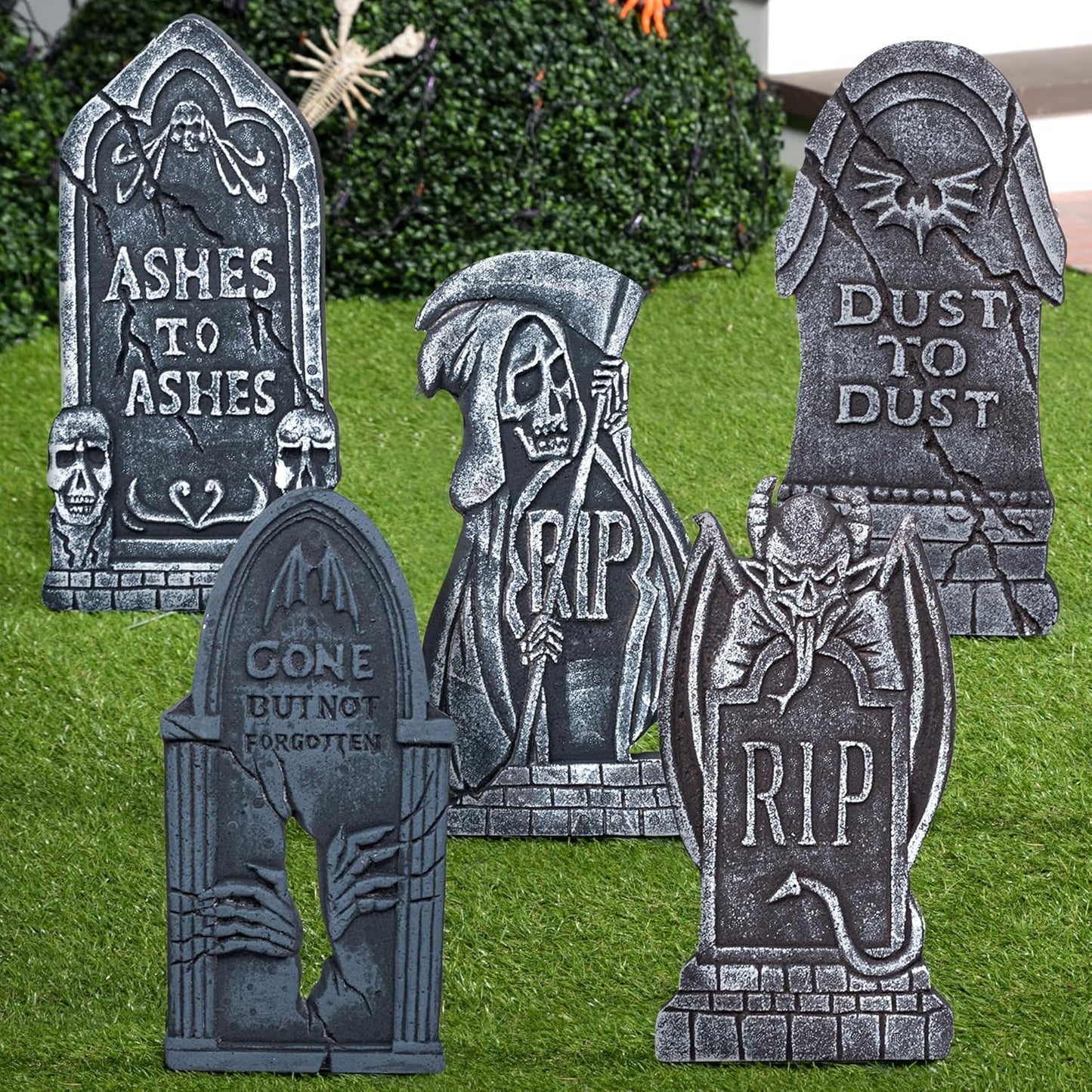 JOYIN 17” Halloween Tombstones for Graves Decorations Outdoor (5 Pack), Foam RIP Graveyard Headstone Decorations and 12 Bonus Metal Stakes for Halloween Yard Lawn Decor