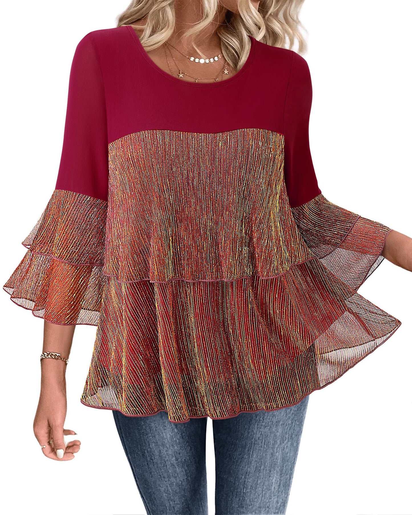 Bebonnie Womens Dressy Sparkly Tops 3/4 Sleeve Ruffles Elegant Evening Flowy Blouse