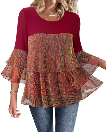 Bebonnie Womens Dressy Sparkly Tops 3/4 Sleeve Ruffles Elegant Evening Flowy Blouse