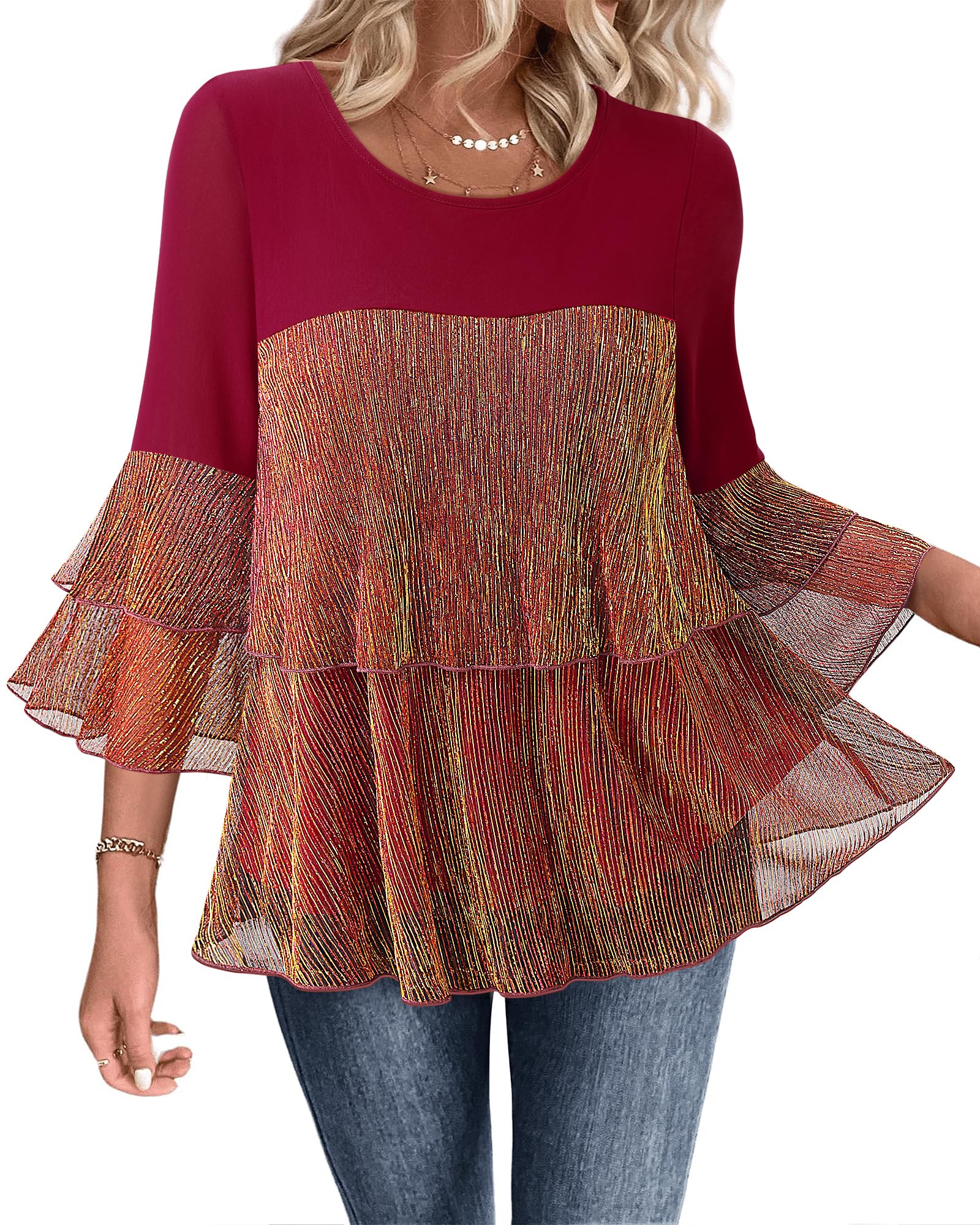 Bebonnie Womens Dressy Sparkly Tops 3/4 Sleeve Ruffles Elegant Evening Flowy Blouse