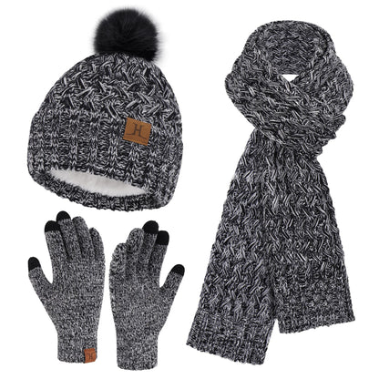 Womens Winter Beanie Hat Touchscreen Gloves Long Neck Scarf Set Warm Knit Caps with Pom Fleece Gifts for Women