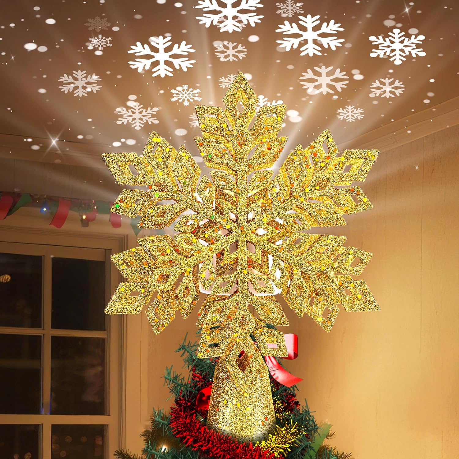 Brightown Christmas Tree Topper with Built-in 3D Glitter Led Snowflake Projector Lights, Gold Hexagonal Snowflake Tree Toppers Christmas Decorations Indoor for Xmas New Year Party Holiday