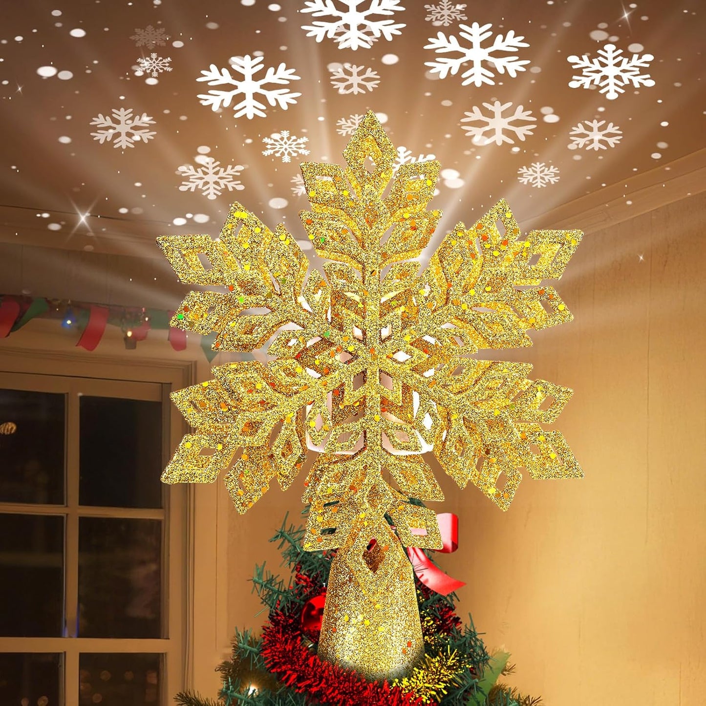 Brightown Christmas Tree Topper with Built-in 3D Glitter Led Snowflake Projector Lights, Gold Hexagonal Snowflake Tree Toppers Christmas Decorations Indoor for Xmas New Year Party Holiday