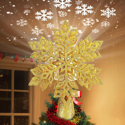 Brightown Christmas Tree Topper with Built-in 3D Glitter Led Snowflake Projector Lights, Gold Hexagonal Snowflake Tree Toppers Christmas Decorations Indoor for Xmas New Year Party Holiday
