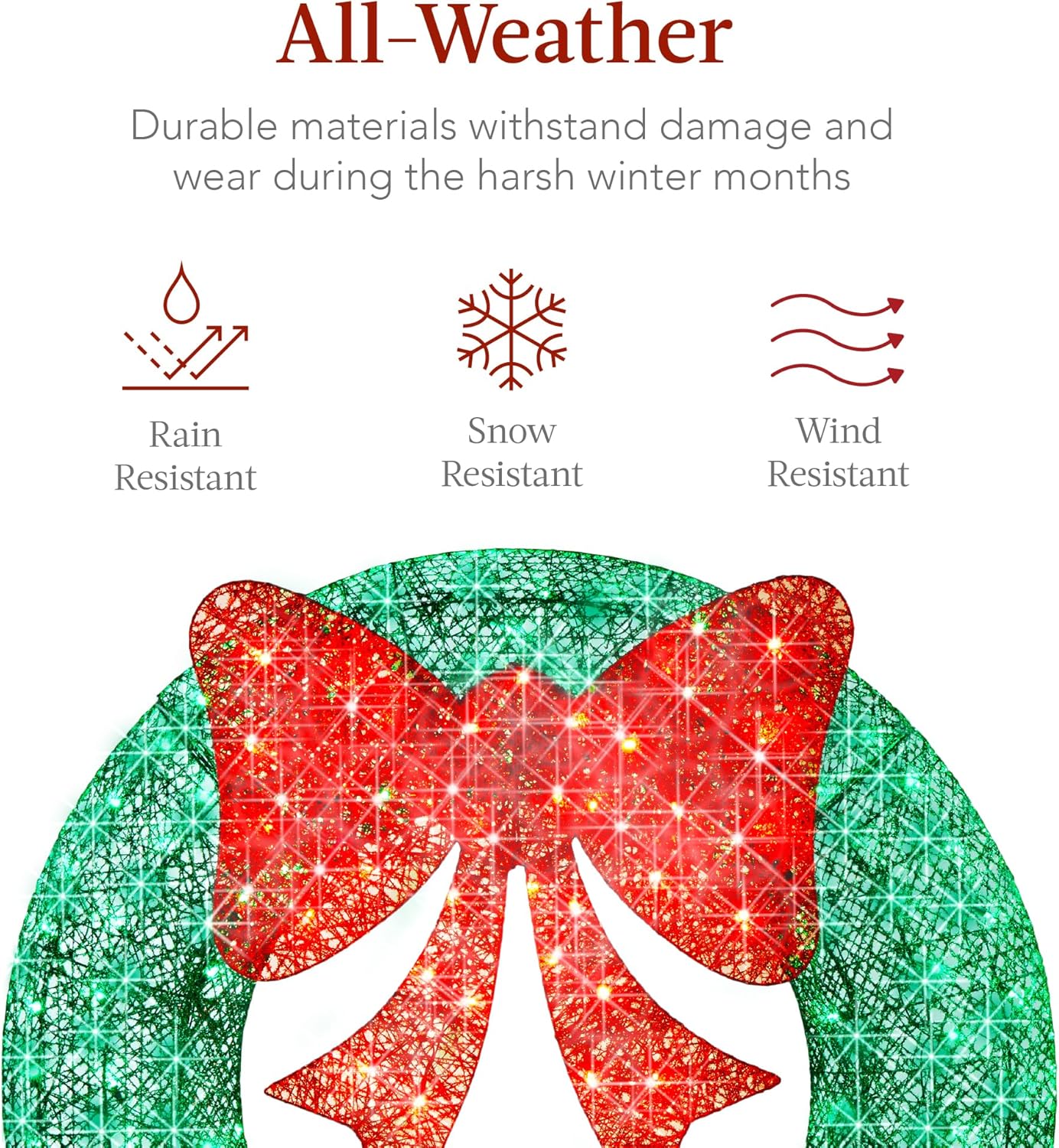 Best Choice Products 36in Pre-Lit Outdoor Christmas Wreath Decoration, LED Metal Holiday Decor for Home w/ 120 Lights, Bow - Green/Red