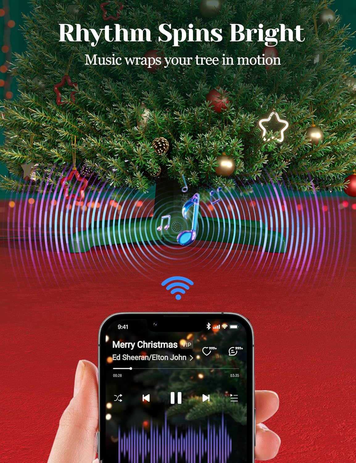DG-Direct Musical 360° Rotating Christmas Tree Stand with Remote, Anti-Tilt Silent Spin Base, 3 Light Output Ports (800W), Fits 9ft 120lb Artificial Trees, Compatible with 1.25–2in Poles
