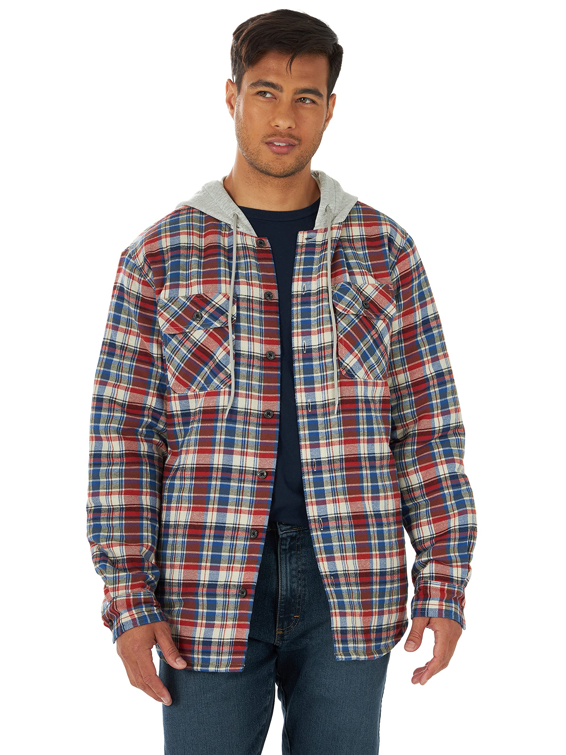 Wrangler Authentics Men's Long Sleeve Quilted Lined Flannel Shirt Jacket with Hood