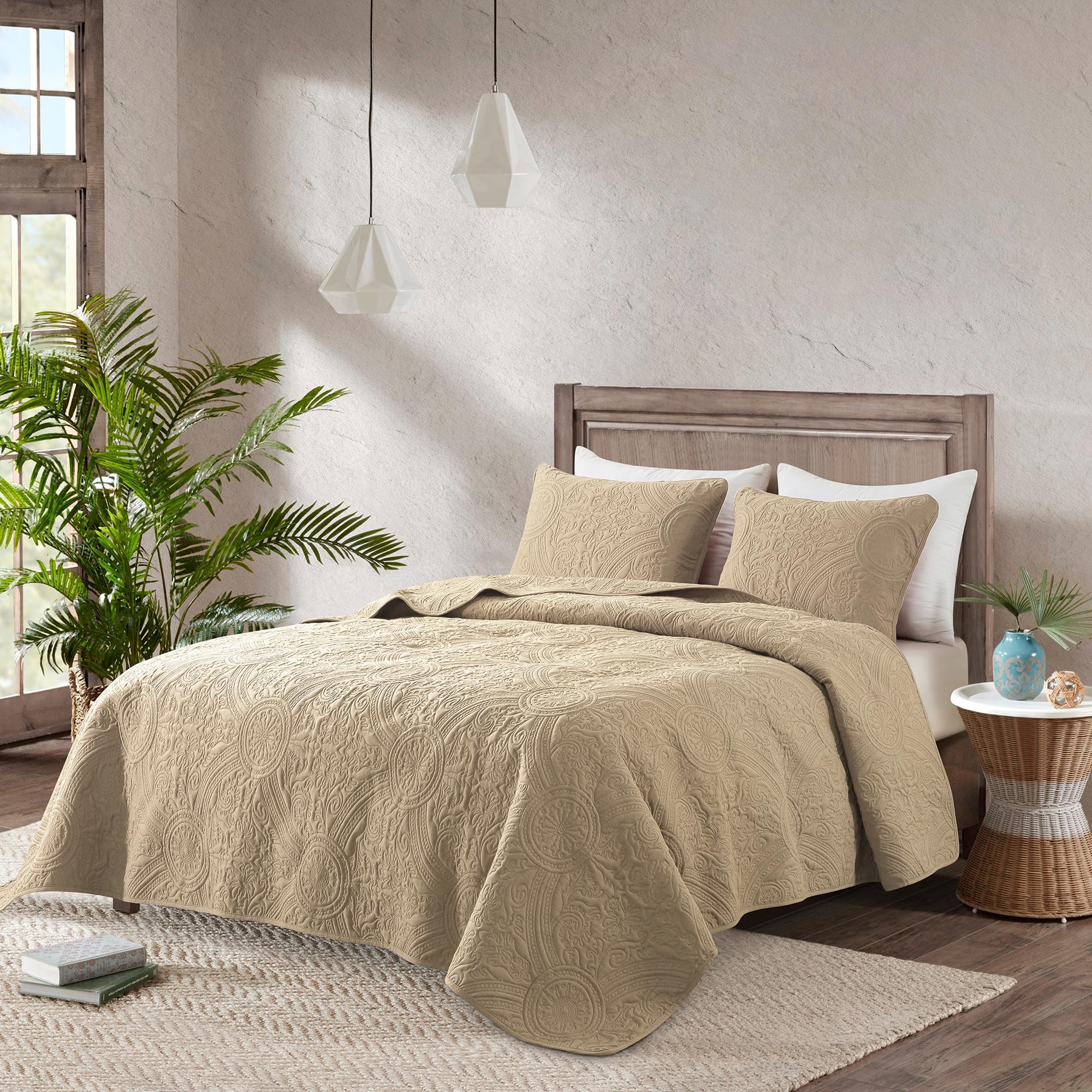 ROARINGWILD Ivory Queen Size Quilt Bedding Sets with 2 Pillow Shams, Full Cream Lightweight Soft Bedspread Coverlet, Thin Comforter Bed Cover for All Season, 3 Pieces, 90x90 inches