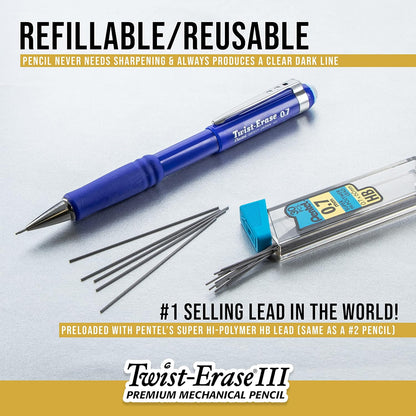 Pentel Twist-Erase III Mechanical Pencil ,0.5mm , Black Barrel, 12 Pack (QE515A)