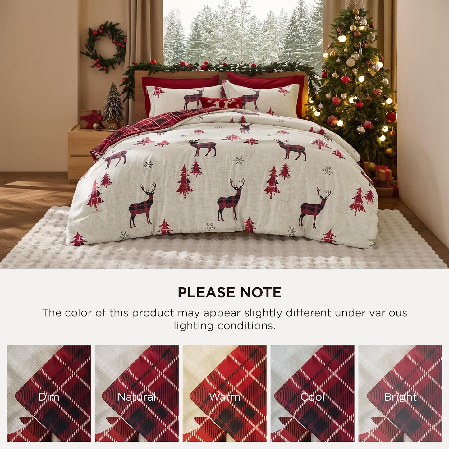Bedsure Christmas Comforter Set Twin - Christmas Bed Set with Reindeer, Soft Bedding for Holiday, 2 Pieces, 1 Reversible Buffalo Check Printed Comforter and 1 Pillow Sham