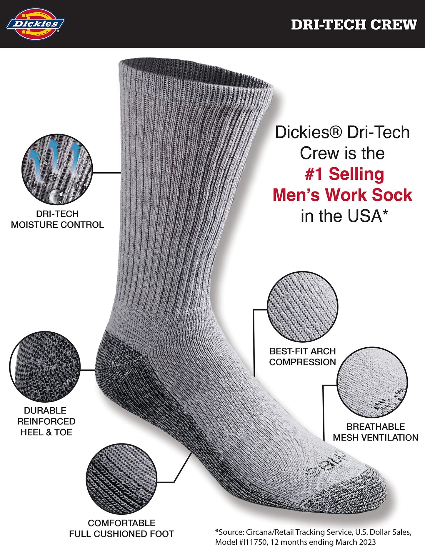 Dickies Men's Dri-Tech Original Moisture Control Crew Socks, Available in M-XXL (6, 12, 18 Pairs)