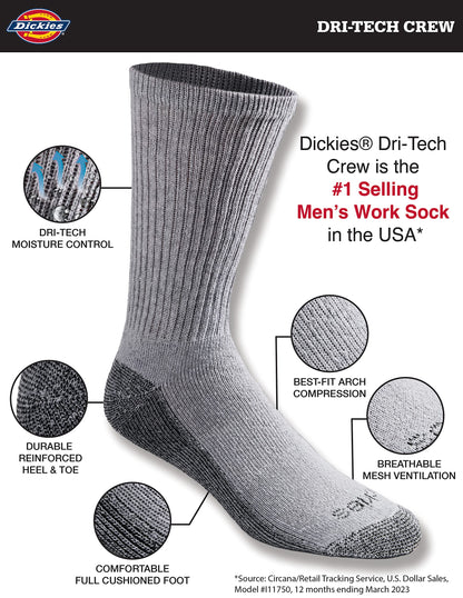 Dickies Men's Dri-Tech Original Moisture Control Crew Socks, Available in M-XXL (6, 12, 18 Pairs)