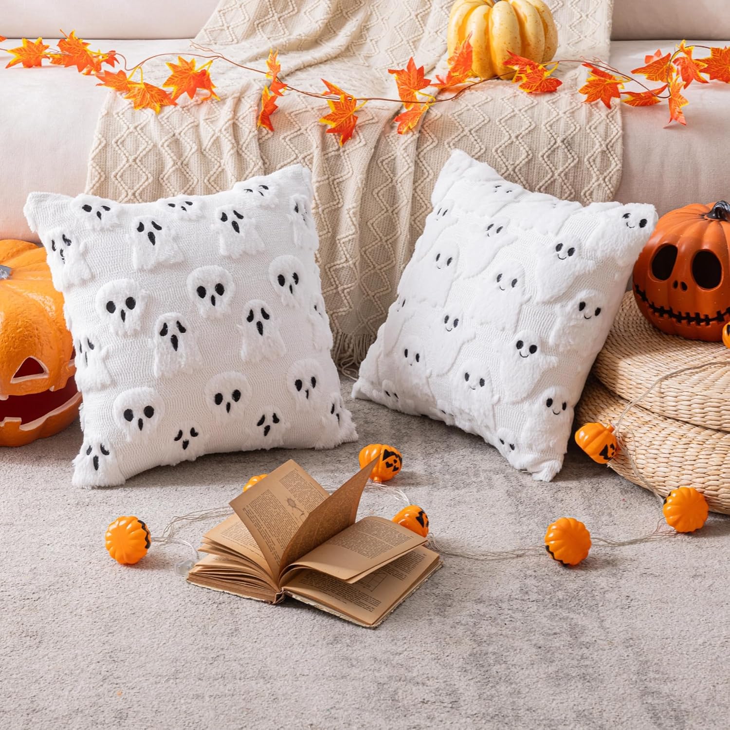 AQOTHES Halloween White Smile Ghost Throw Pillow Covers 18x18 inch Set of 2, Cute Skeleton Pillowcases Holiday Cushions Covers for Halloween Decorations Indoor Home Sofa Couch