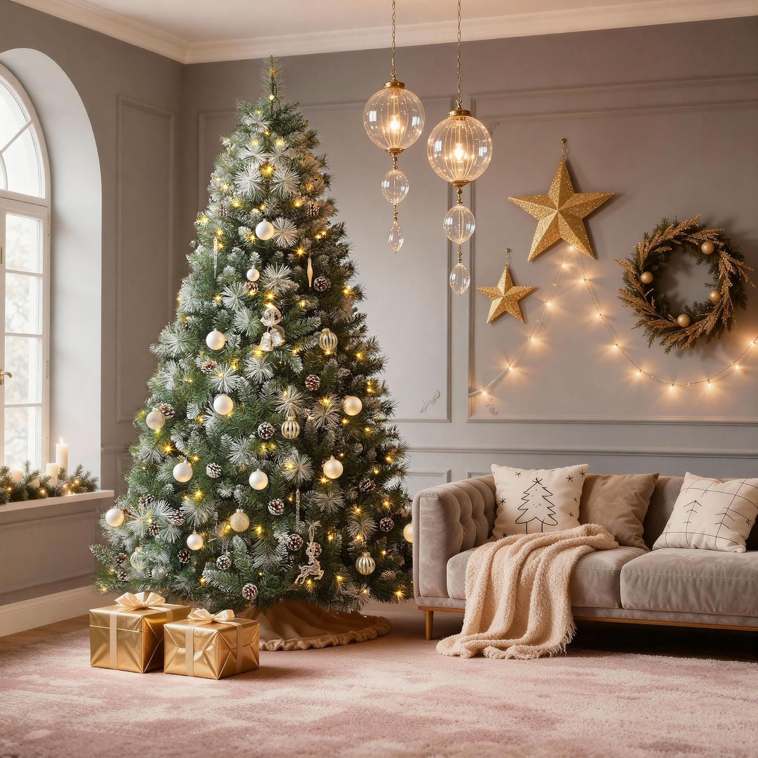 DWVO Prelit Christmas Tree 6ft with 56 Pine Cones & White Pine Needle, Atificial Tree with 250 LED Lights, Full Green Xmaxs Trees with 946 Metal Hinged Branch Tips & Stand Remote Controlled