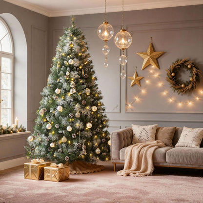 DWVO Prelit Christmas Tree 6ft with 56 Pine Cones & White Pine Needle, Atificial Tree with 250 LED Lights, Full Green Xmaxs Trees with 946 Metal Hinged Branch Tips & Stand Remote Controlled