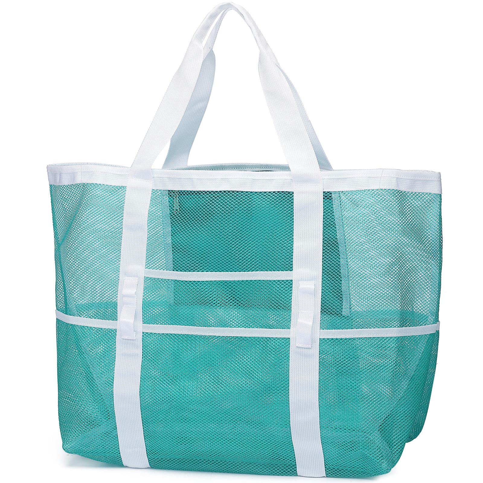 F-color Mesh Beach Bag Family - 9 Pockets Large Beach Tote for Cruise Vacation Essentials