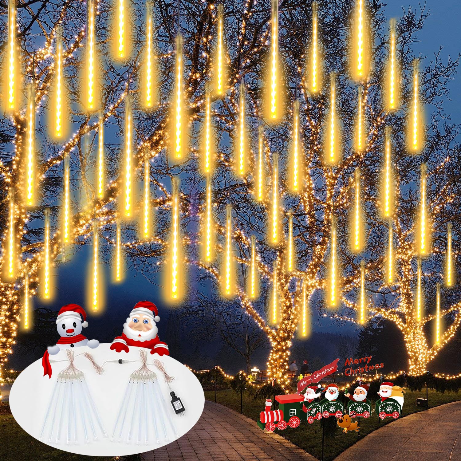 2 Pack Extendable Christmas Lights Decorations Outdoor, 16 Tubes 384 LEDs Meteor Shower Lights with Timer Cascading Falling Raindrop String Light Plug in for Holiday Graden Yard Tree Xmas Decor (Blue)