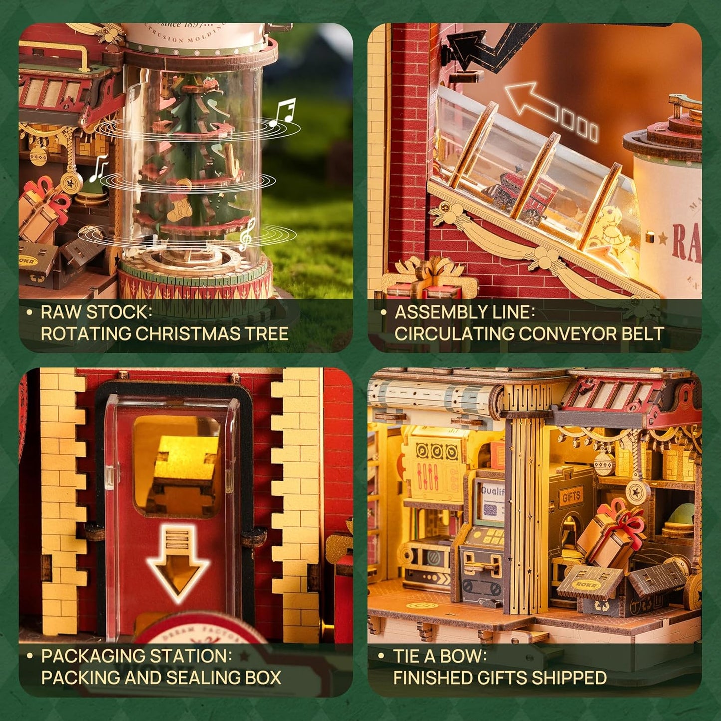 ROKR 3D Puzzle for Adults Christmas Style Dream Gift Factory Wooden Model Kit Luminous Factory DIY Dollhouse Kit Building with Music, Lights and 5 Elves for Adults