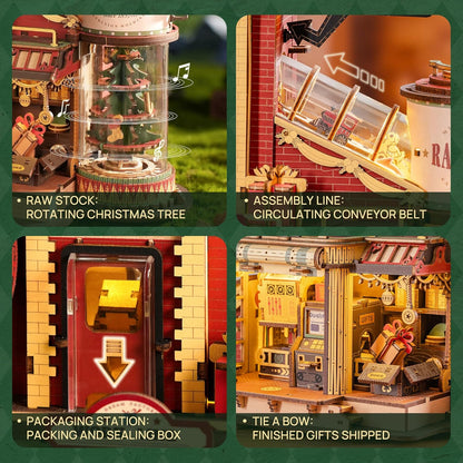 ROKR 3D Puzzle for Adults Christmas Style Dream Gift Factory Wooden Model Kit Luminous Factory DIY Dollhouse Kit Building with Music, Lights and 5 Elves for Adults