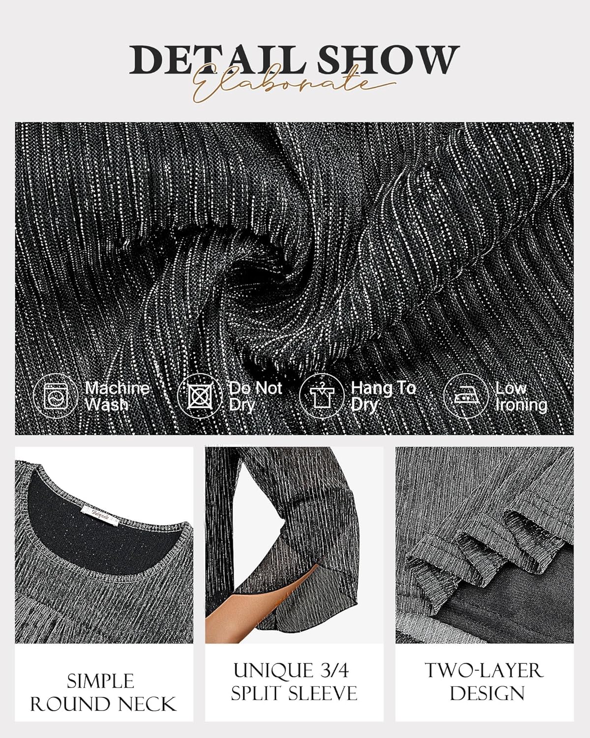 Bebonnie Women's Ruffle 3/4 Sleeve Elegant Dressy Blouses Crew Neck Double Layers Mesh Tunic Tops