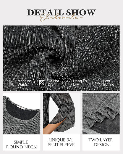 Bebonnie Women's Ruffle 3/4 Sleeve Elegant Dressy Blouses Crew Neck Double Layers Mesh Tunic Tops