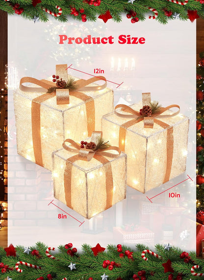 3 Pieces Lighted Gift Boxes Christmas Decorations, 12in 10in 8in with 60 Pre-Strung Mini String Lights, Foldable Light up Present Boxes for Indoor Outdoor Holiday Party Christmas Yard Home Art Decor