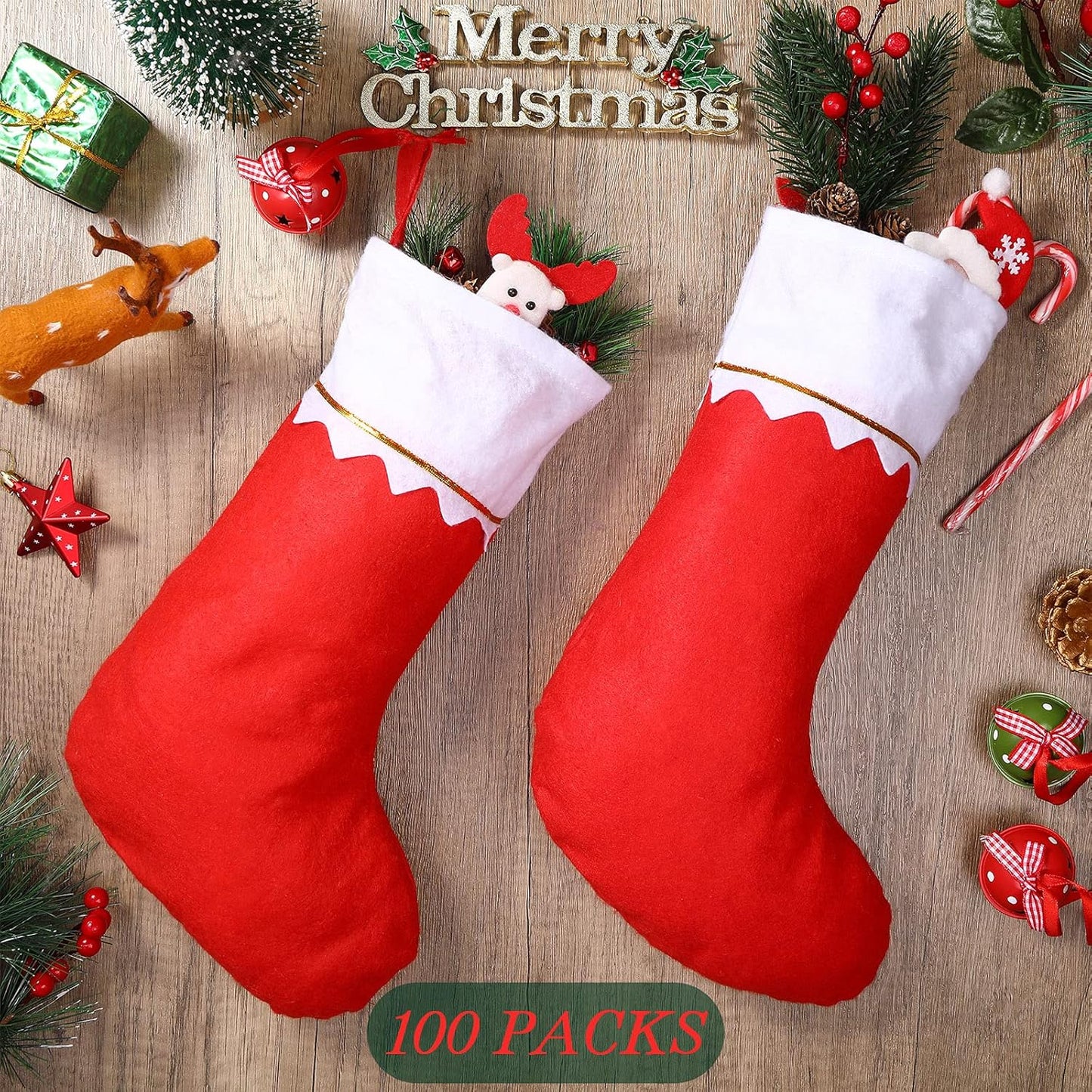 Sumind 100 Pieces Felt Christmas Stockings 15 Inch Party Favors Stockings Xmas Decoration Stocking Rustic Santa Stocking for Christmas(Red with White Trim)