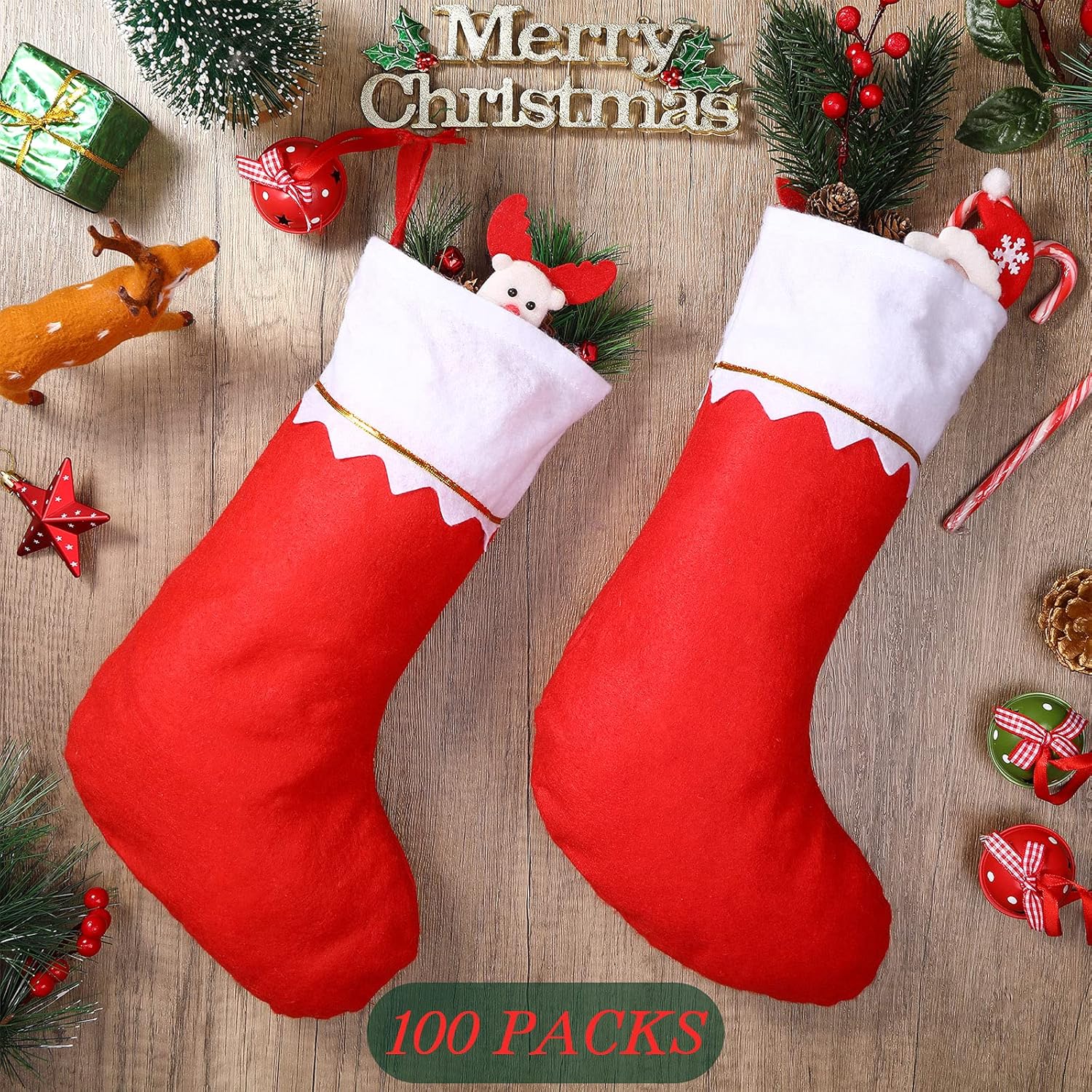 Sumind 100 Pieces Felt Christmas Stockings 15 Inch Party Favors Stockings Xmas Decoration Stocking Rustic Santa Stocking for Christmas(Red with White Trim)