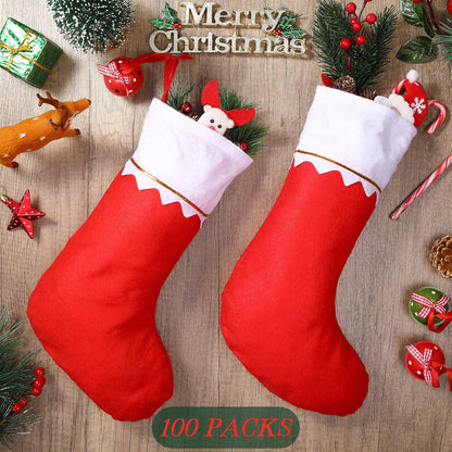 Sumind 100 Pieces Felt Christmas Stockings 15 Inch Party Favors Stockings Xmas Decoration Stocking Rustic Santa Stocking for Christmas(Red with White Trim)