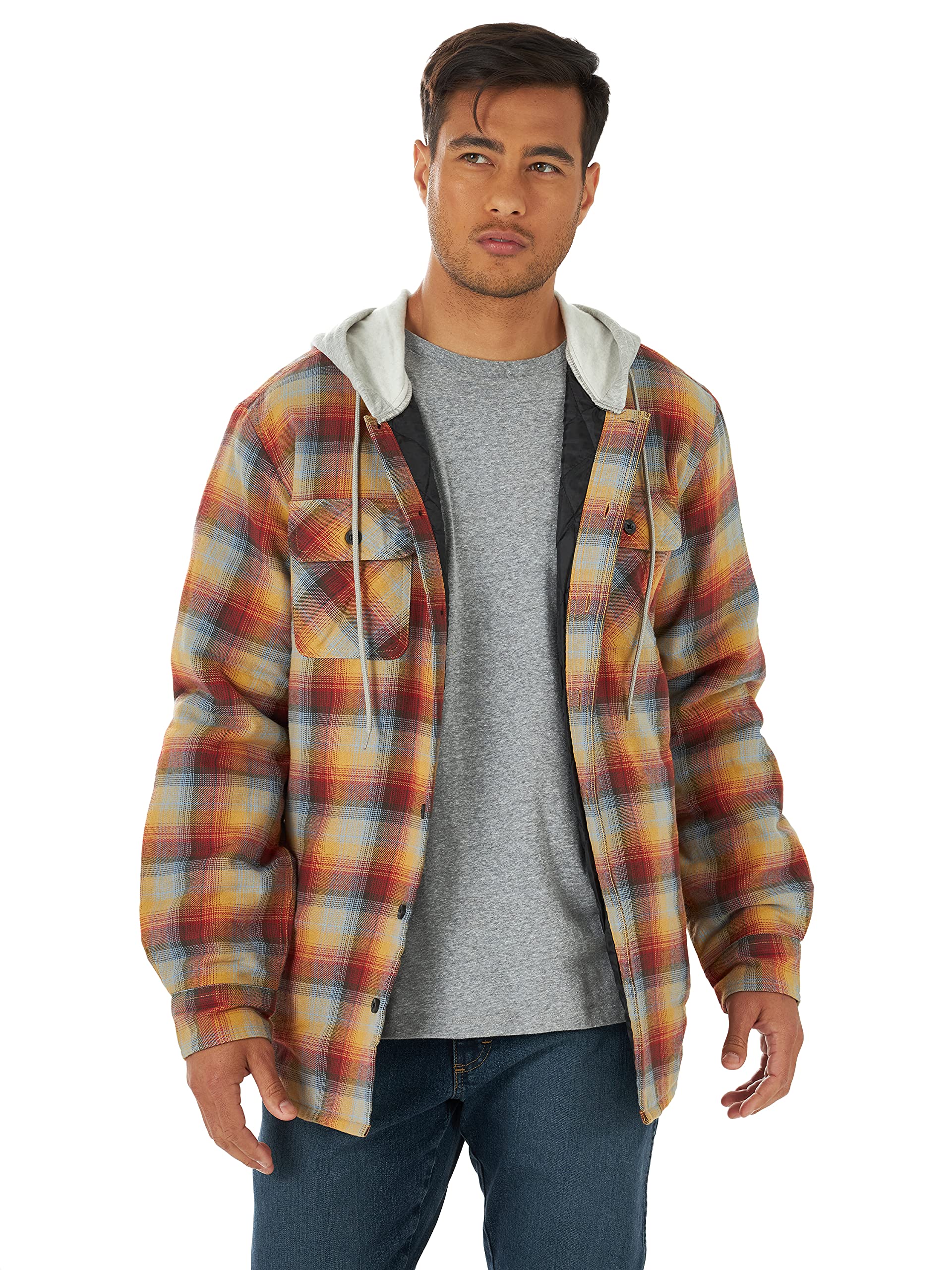 Wrangler Authentics Men's Long Sleeve Quilted Lined Flannel Shirt Jacket with Hood