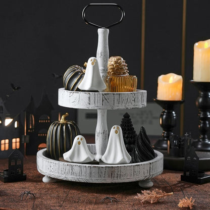 Ceramic Ghost Decor, 3Pcs Light Up Ghosts for Indoor Halloween Decorations, Battery Powered White Mini Ghost Figurines with LED for Spooky Halloween, Home Tabletop Shelf Centerpieces