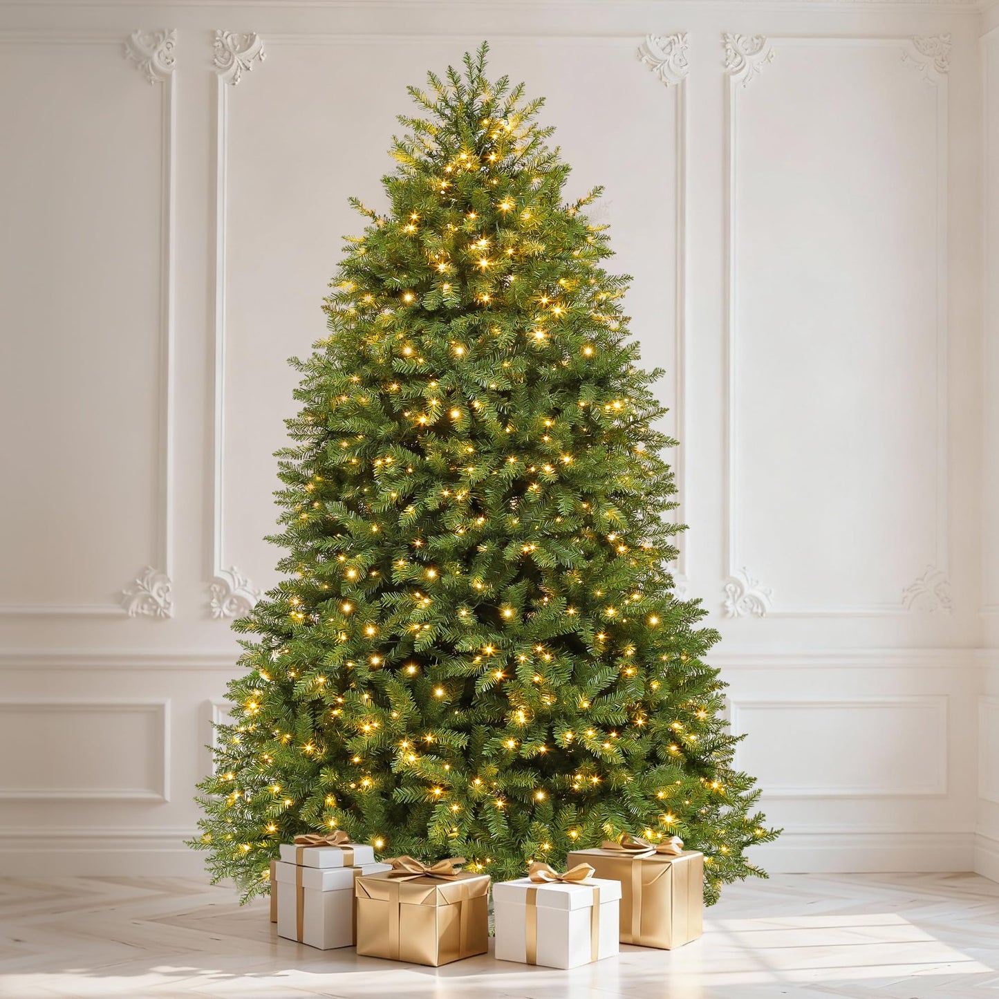 DWVO Prelit Christmas Tree 6ft with 56 Pine Cones & White Pine Needle, Atificial Tree with 250 LED Lights, Full Green Xmaxs Trees with 946 Metal Hinged Branch Tips & Stand Remote Controlled
