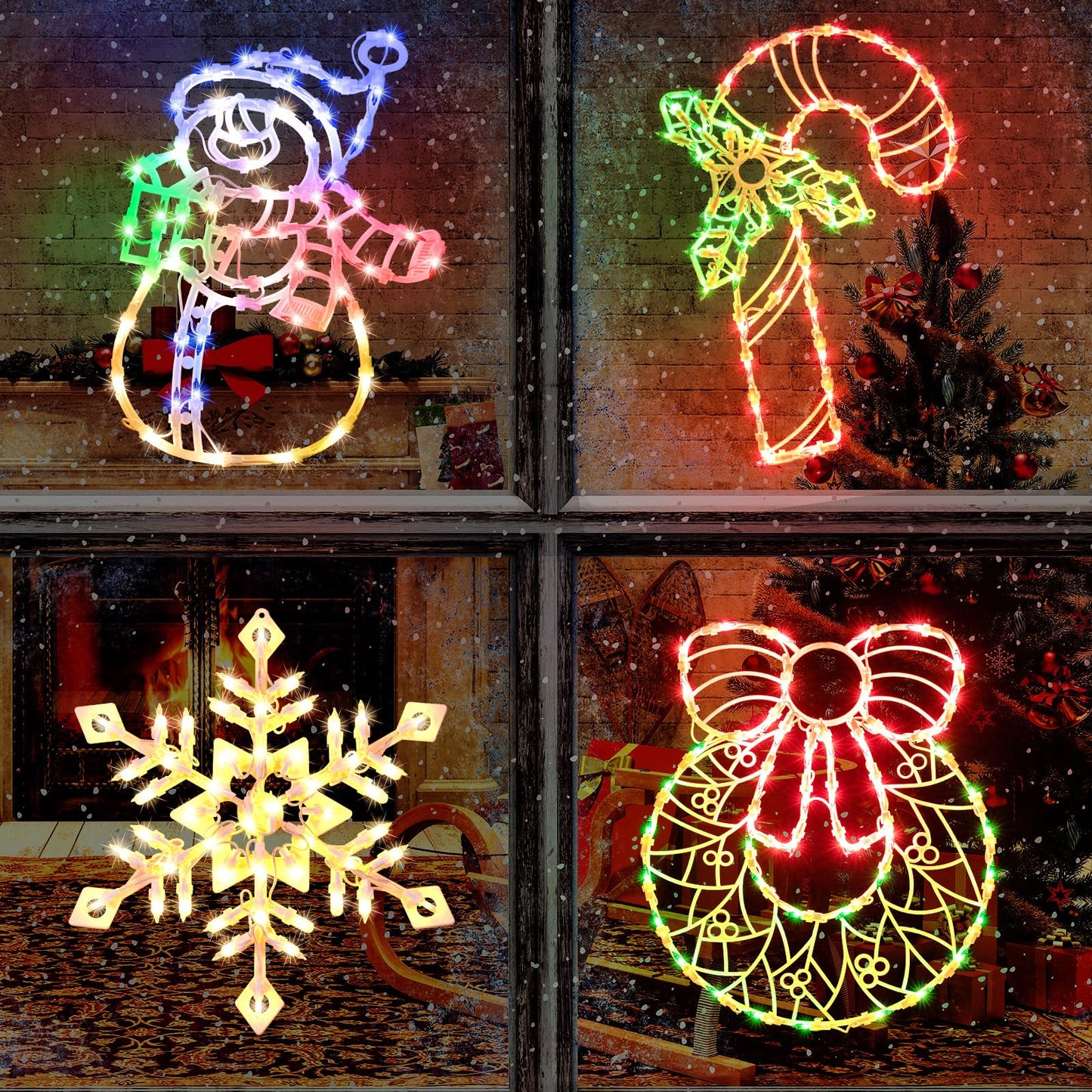 Christmas Window Silhouette Lights Decorations - Pack of 4 Sign Colour Lighted Wreath, Candy Cane, Bell, and Angel for Holiday Indoor Wall Door Glass Decor
