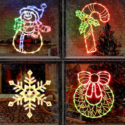 Christmas Window Silhouette Lights Decorations - Pack of 4 Sign Colour Lighted Wreath, Candy Cane, Bell, and Angel for Holiday Indoor Wall Door Glass Decor