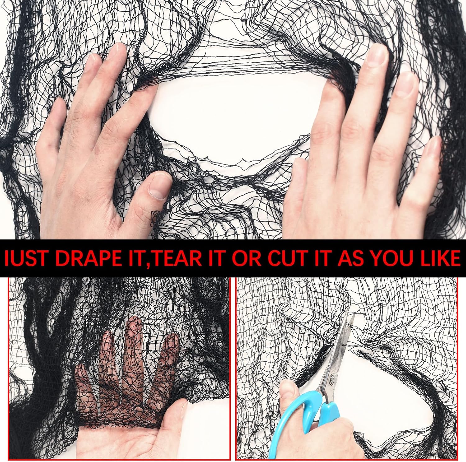 6 Pack Halloween Black Gauze Wall Decor,Outdoor Halloween Fake Spider Web Decorations Webbing,Cobwebs Mesh Spooky Fabric,30X72 in Black Cheesecloth for Haunted House Indoor Creepy Cloth Backdrop